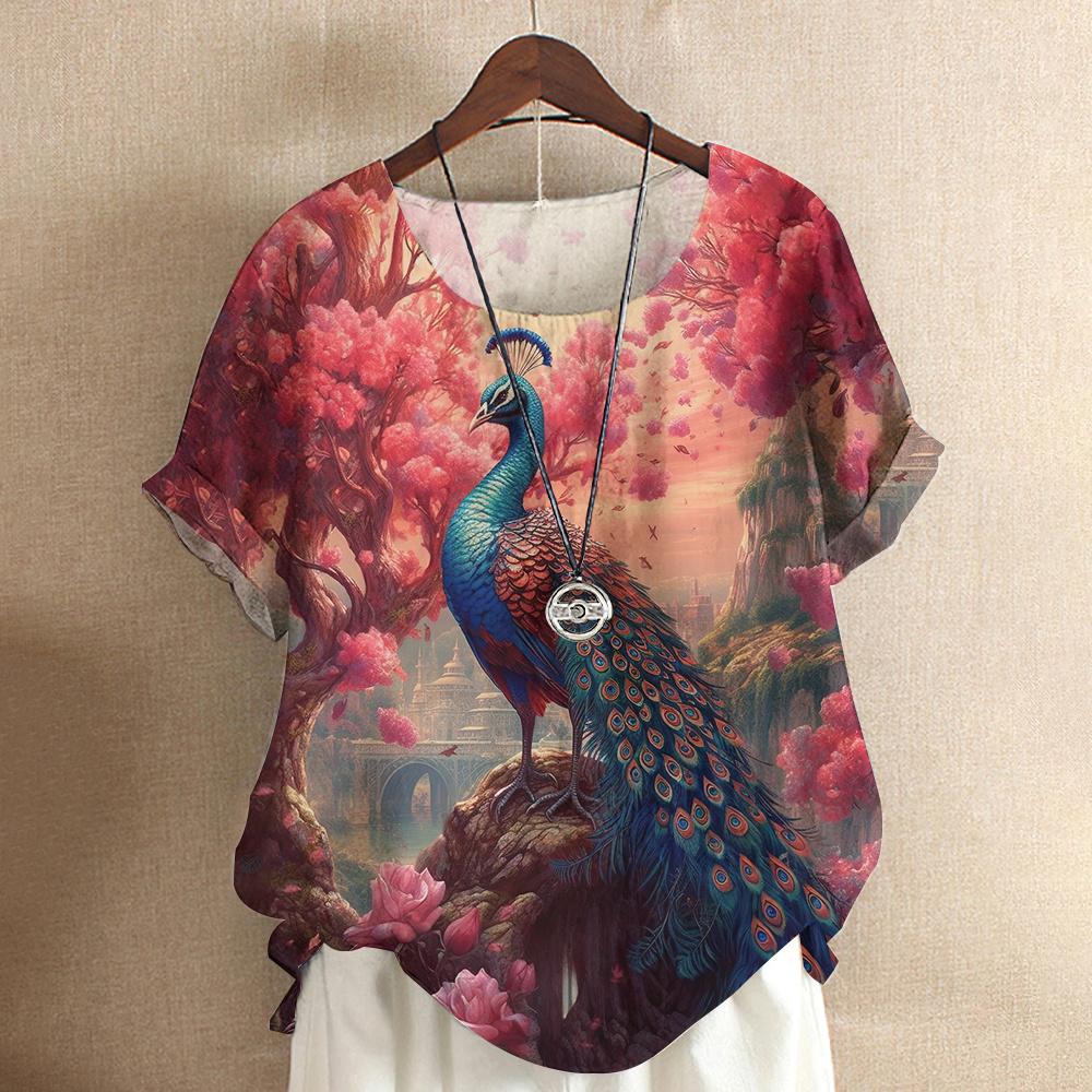 Harajuku Casual Short Sleeve Top Tee O Neck Oversized Female Clothing Women's T-Shirts Cute Animal Peacock 3d Print T-Shirt