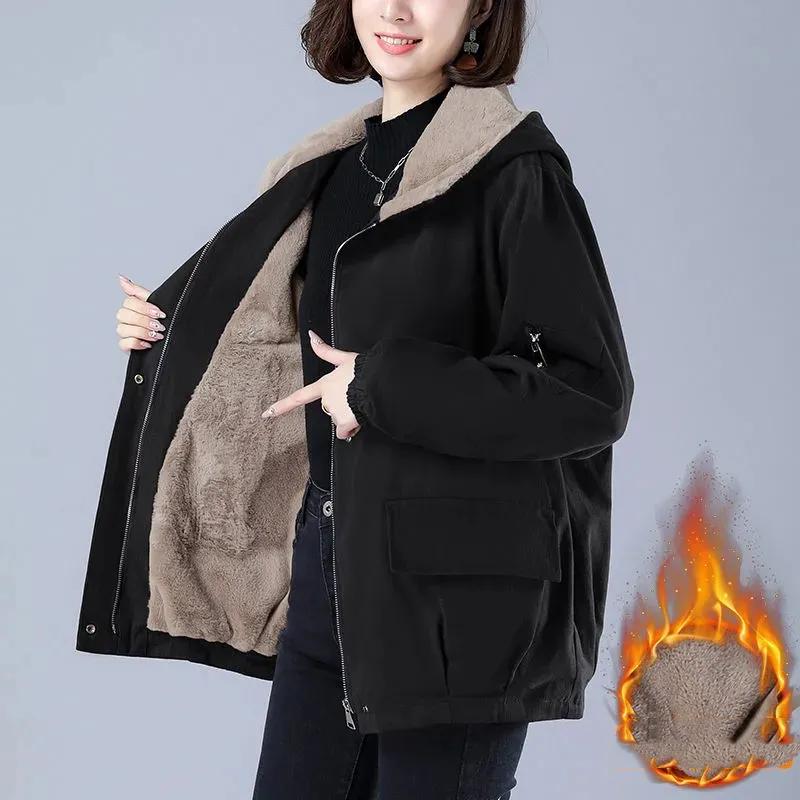 Women's Fleece-Lined Thickened Hooded Parka Jacket Solid Color Minimalist Causal Coat