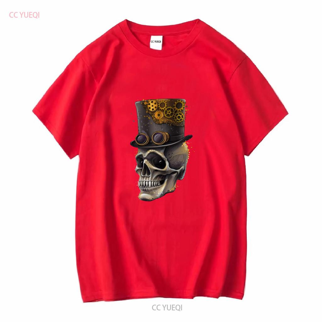 Steampunk Skull Unisexs Cotton T Shirt Top Long Or Short Sleeves Vintage Washed Versatile Top For Everyday Wear Stylish