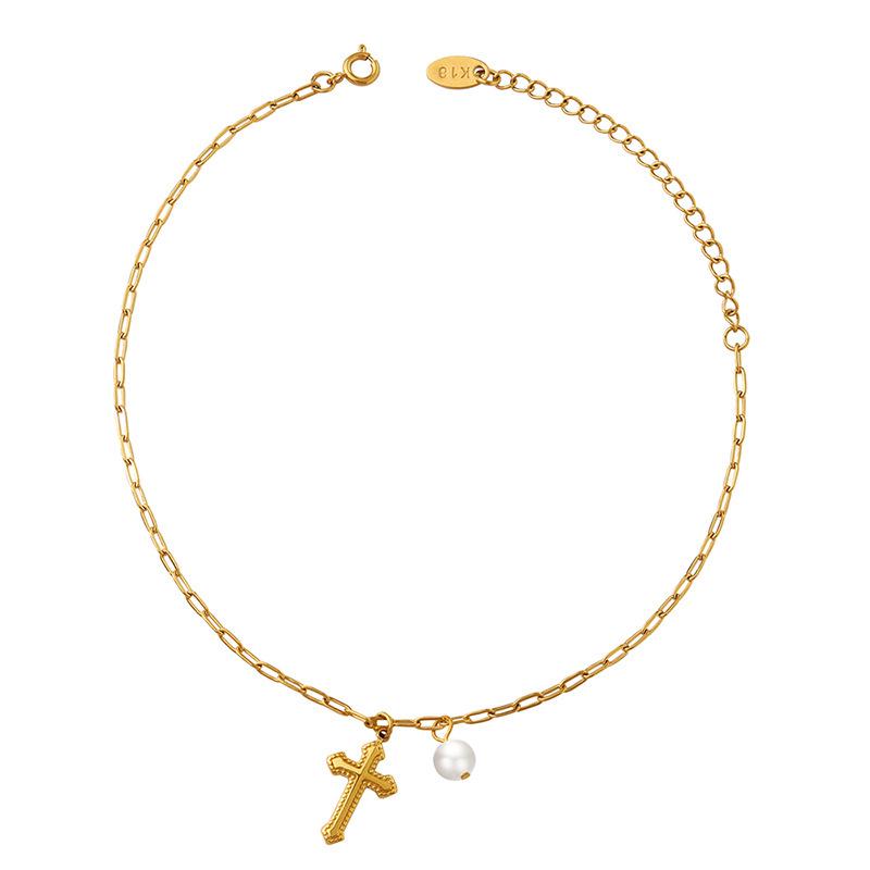 European & American Niche Design Pearl Cross Pendant Gold-Plated Anklet: Simple, Fashionable, Titanium Steel, Fairy Style for Women