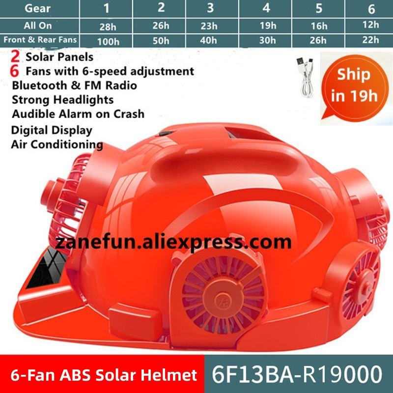 

LED Headlight Helmet with 6 Fans Air Condition Bluetooth FM Radio 20000mAh Lithium Battery Power Bank SOS Alarm 2 Solar Panels