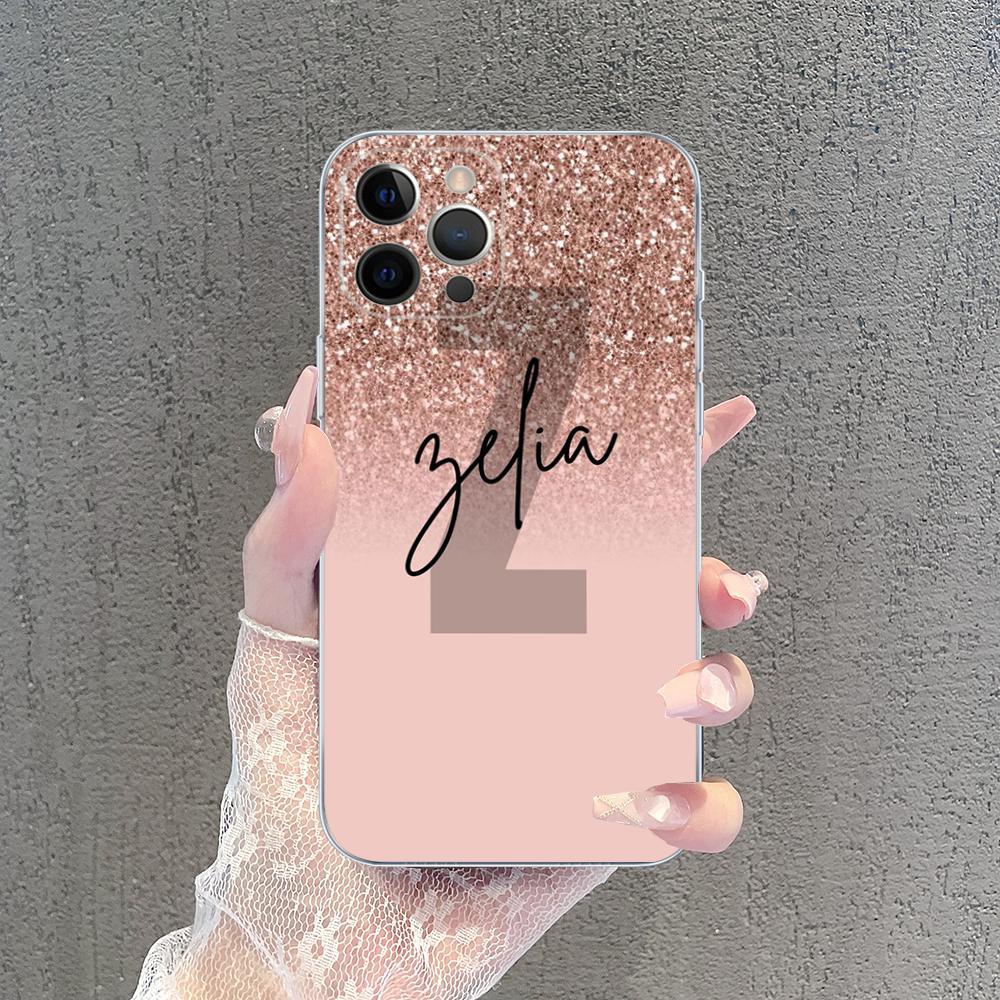 Letter Pink Shiny M R Clear Phone Case For IPhone 15 14 13 12 Mini 11 Pro XS Max X XR SE 6 7 8 Plus Soft Silicone Cover