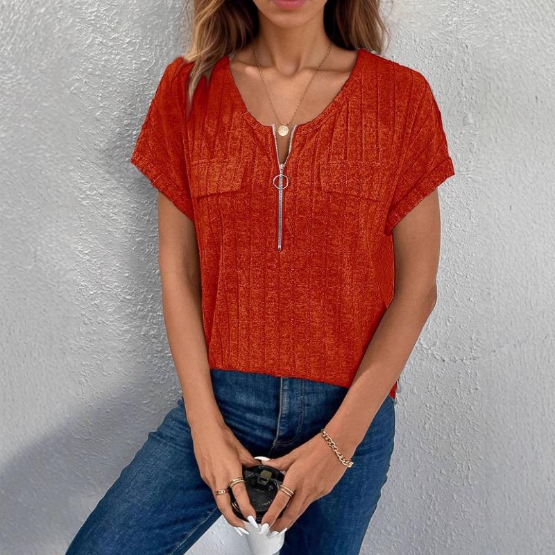 Women's Spring and Summer Zipper Short Sleeve Fake Pocket Pullover T-shirt Loose Top