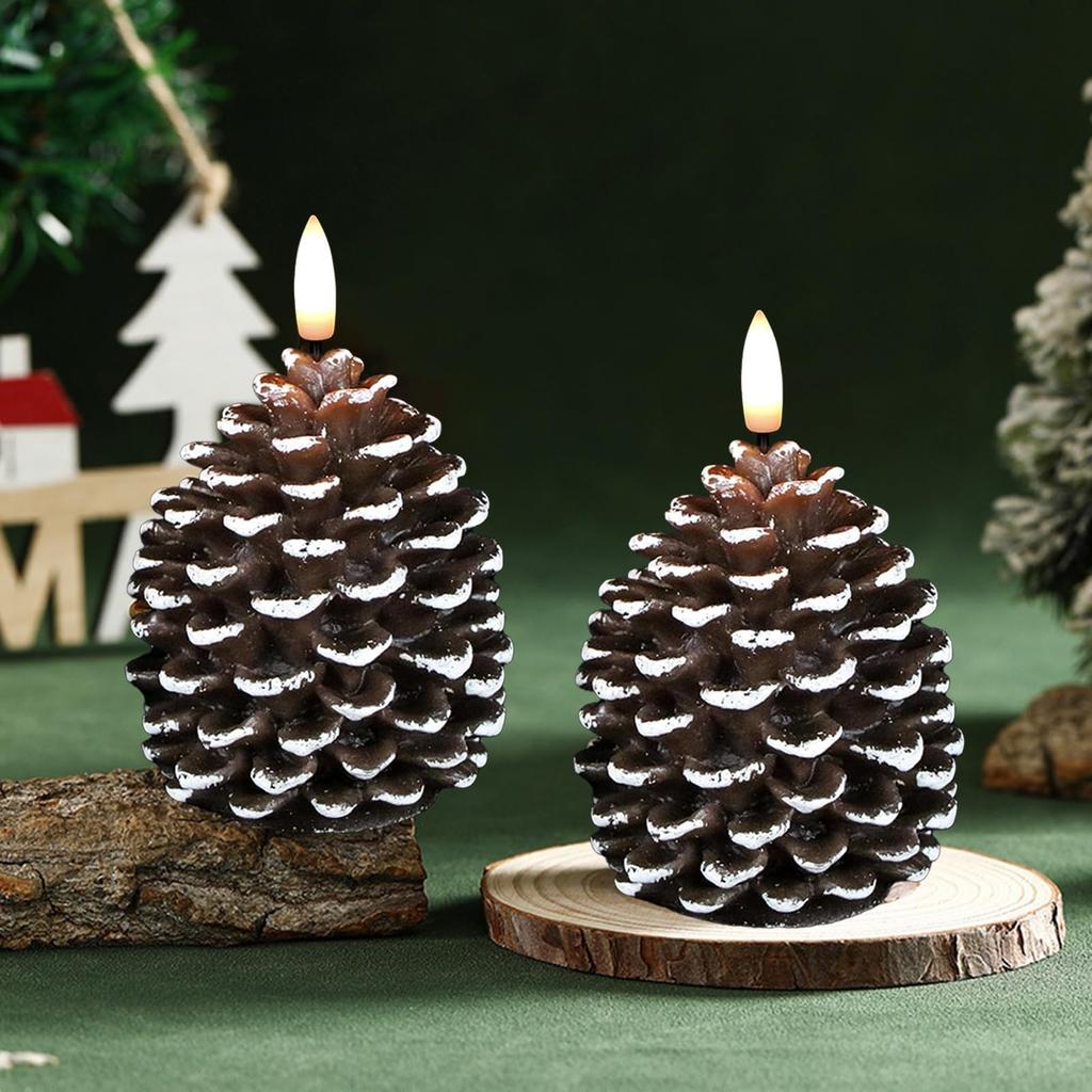 Pack of 2 LED Pine Cone Candle Pinecone Shaped Realistic Wax Candles LED Electronic Candle for Holiday Indoor Decoration