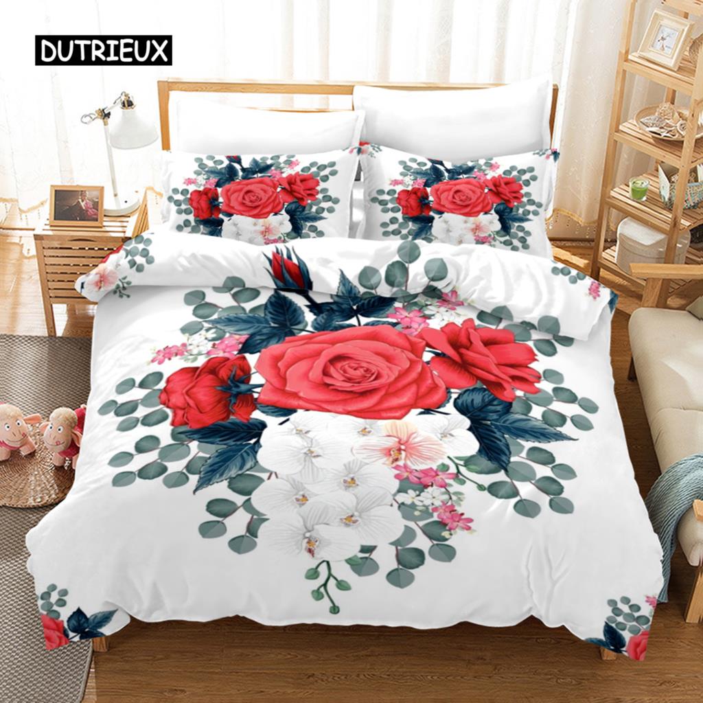 Bettbezug-Set mit Blumenmuster, tropisches Bettwäsche-Set mit Blumenmuster, tropische Blumen und Blätter für Kinder und Teenager, Polyester, Doppelbett, Queensize-Bett, Kingsize-Bettbezug