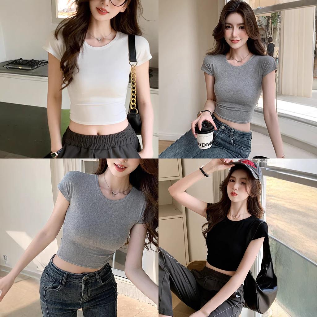 Black Korean Spice Girl Crew Neck Open Navel Short Sleeve T-Shirt Summer New Sweet and Spicy European and American Top Trend