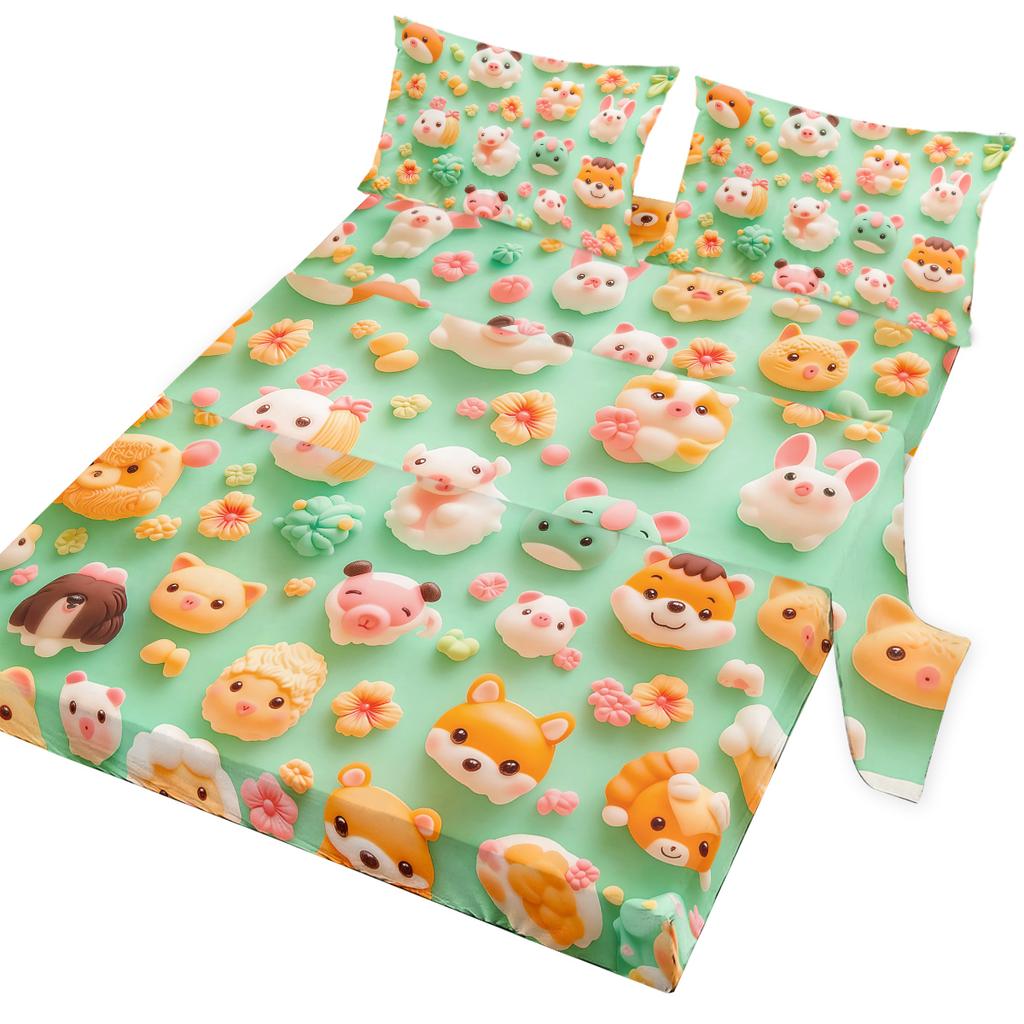 Silicone Animal Four-Piece Set, Virtual Cartoon Animal World, Including 1 Bed Sheet, 1 Duvet Cover, 2 Pillowcases (Family)