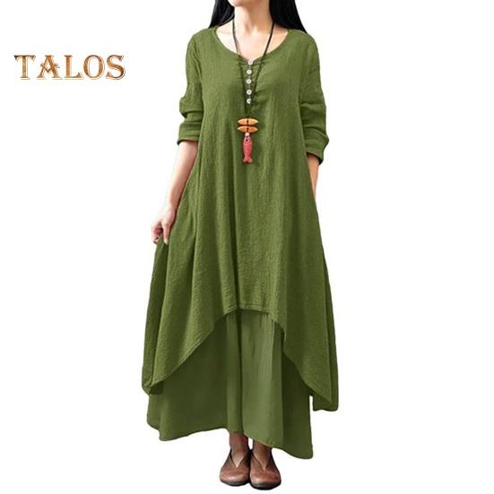 

Женское макси-платье с карманами, рукавами девятой длины, круглым вырезом, неровным многослойным подолом, пляжное платье больших размеров, свободное однотонное платье для свиданий, повседневная одежда XXXXL зелёный