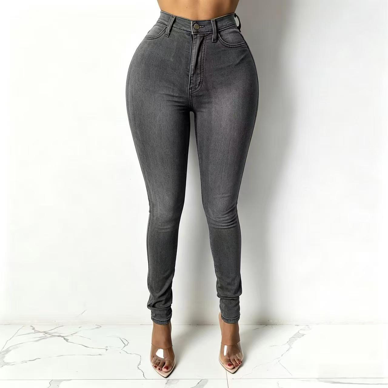 Schlanke Bleistiftjeans mit hoher Taille für Damen – Kollektion 2023 im europäischen und amerikanischen Stil XXL grau