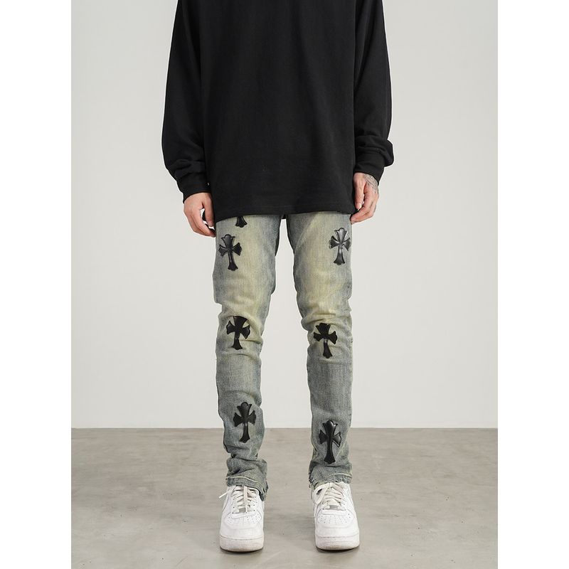 

Black of Exit High Street Cross-Stitch Leather Embroidered Washed Yellow Slim-Fit Jeans Hip-Hop Niche Long Pants for Men Yellowish Blue 2XL