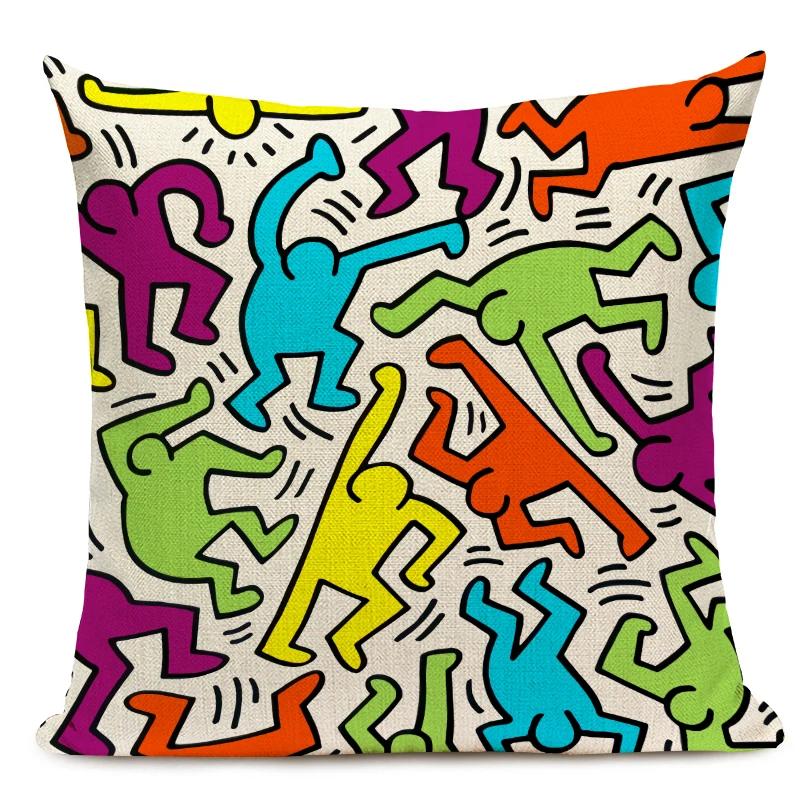 Figury Pop Art Graffiti Poszewka na Poduszkę Kolorowa Sztuka Abstrakcyjna Dekoracyjna Poszewka na Poduszkę Kwadratowa Lniana Poszewka na Poduszki do Rzucania