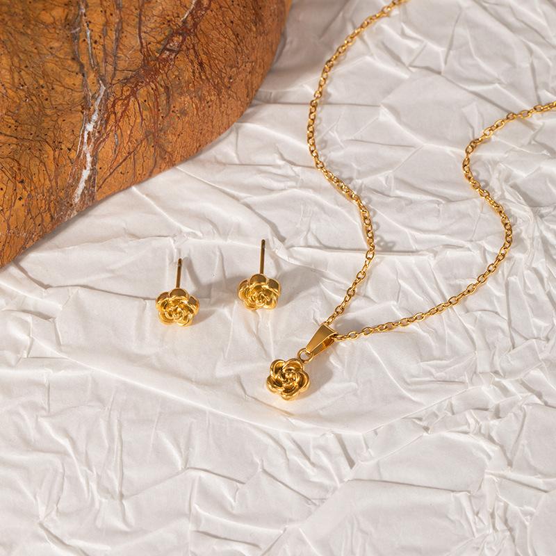 DIEYURO 316L Stainless Steel Golden Simple Rose Flower Neck Earrings Set For Women New Fashion Trend Waterproof Jewelry Gift Set