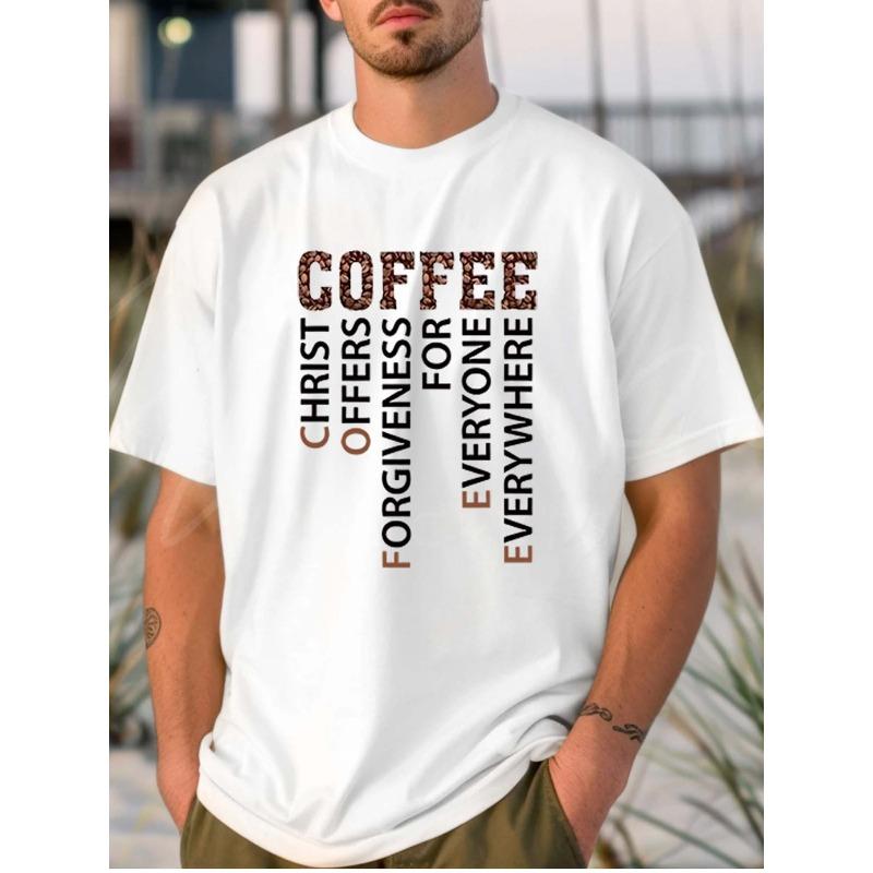 

European Size Men s Polyester White T-shirt - Coffee Christ Offers Forgiveness 4XL