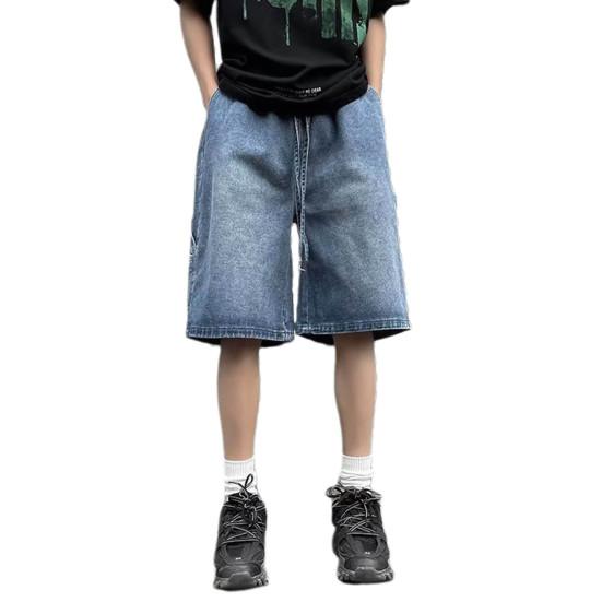 

Мужские джинсовые шорты с эластичным шнурком на талии, прямые широкие шорты с карманами, однотонные повседневные шорты, уличная одежда 3XL темно-синий