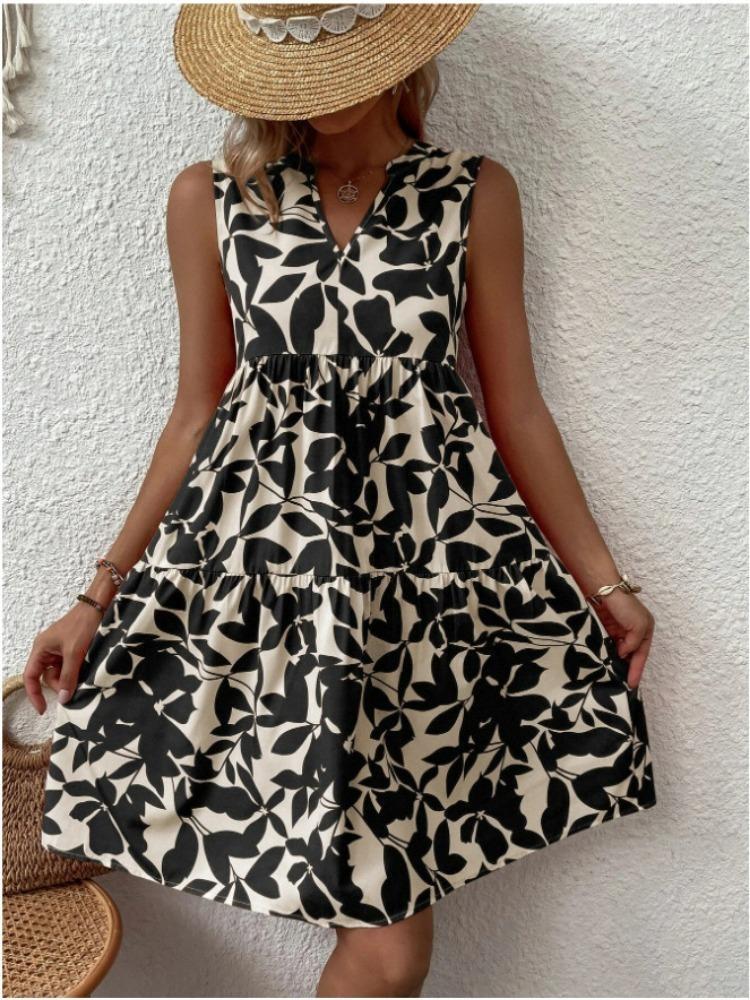 Sommermode Böhmisch Bedrucktes Plisseekleid Damen Locker V-Ausschnitt Lässig