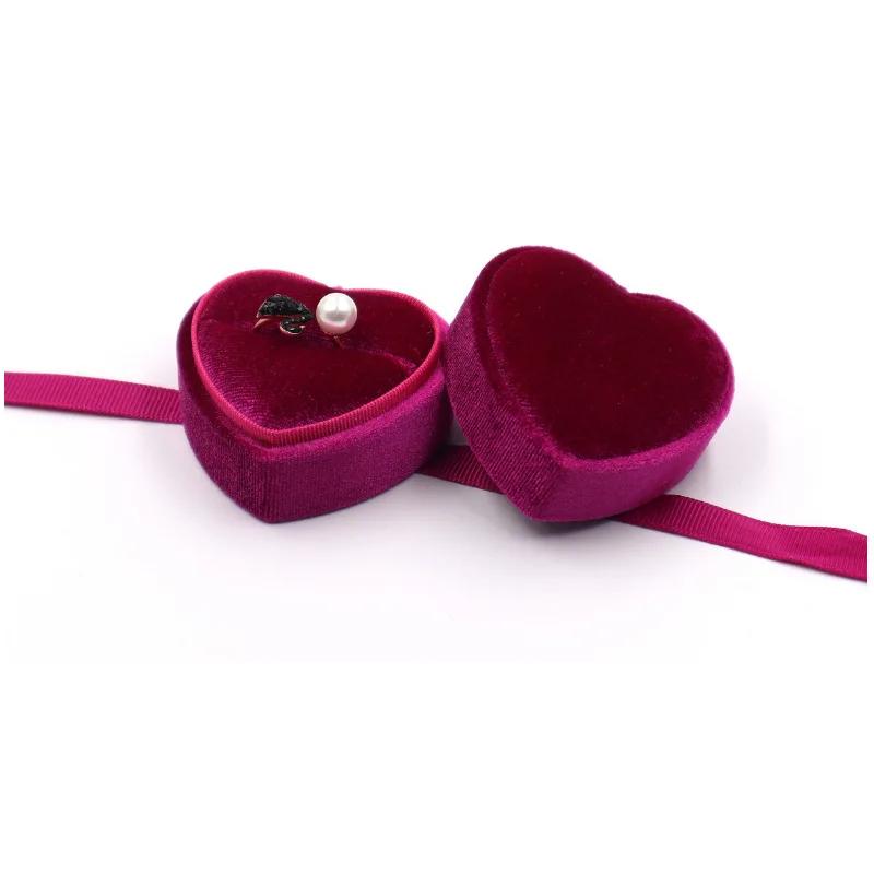 Luxury Valentine's Day Present Heart Shape Custom Pink Green Velvet Ribbon Bow Wedding Jewelry Ring Packaging Box