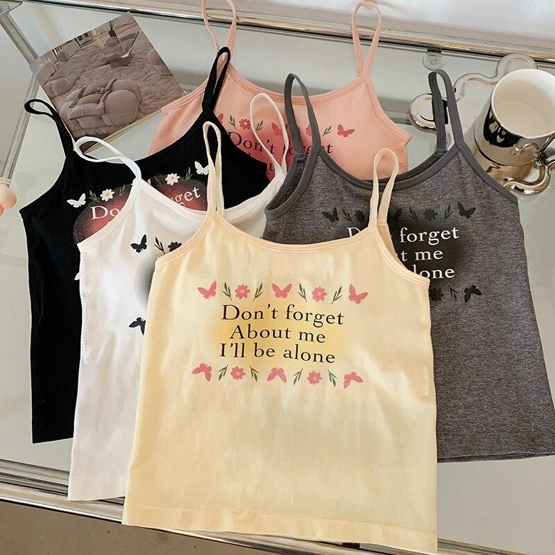 

Лето 2024, женский тонкий укороченный топ с буквенным принтом Y2K, женский укороченный топ в стиле Харадзюку, без рукавов, мягкая майка, милые топы на бретелях