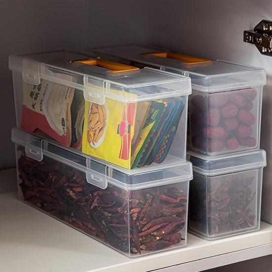 Transparent Storage Box with Dustproof Lid Yellow Handle Stackable Plastic Organizer Cosmetics Office Spices Art Supplies Tools