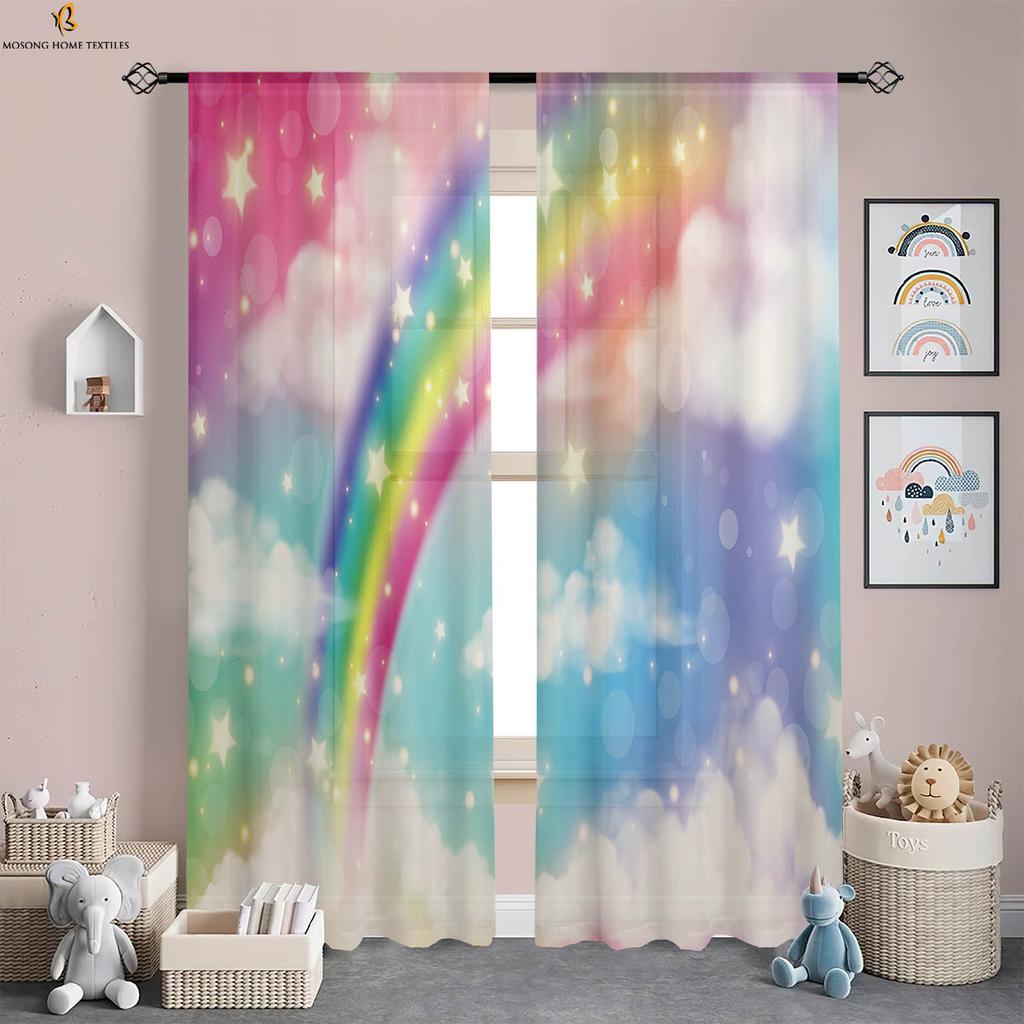 Rainbow Pink Shiny Printed Curtains Children's Room Bedroom Living Room Study Decorative Curtains 2 Pieces Home Decoration