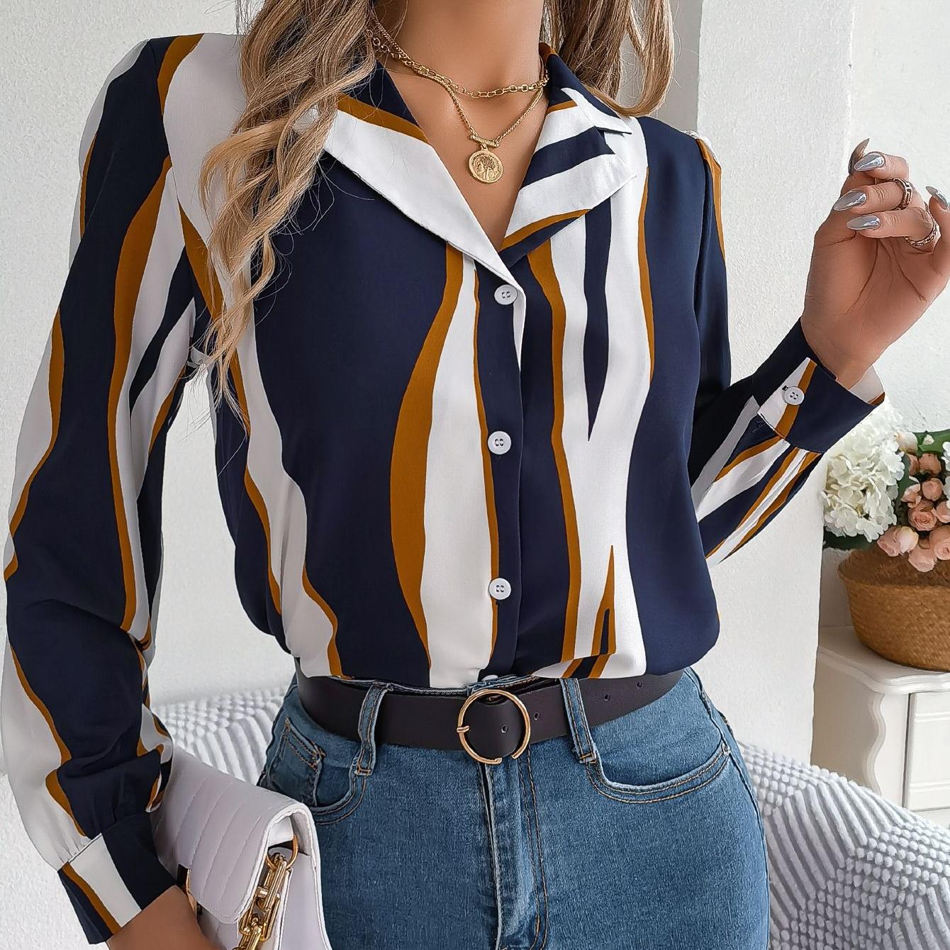 

GMXIA Женский модный повседневный летний костюм с длинными рукавами, блузки с воротником и рубашки всех видов контрастных цветов и полосок XL темно-синий