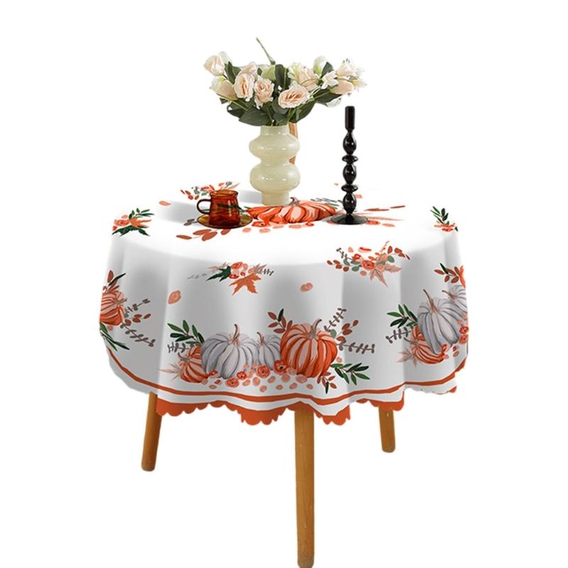 Table Cloth Autumn Leaves and Pumpkin Patterns Round Tablecloth 150cm for Thanksgiving Party Decoration