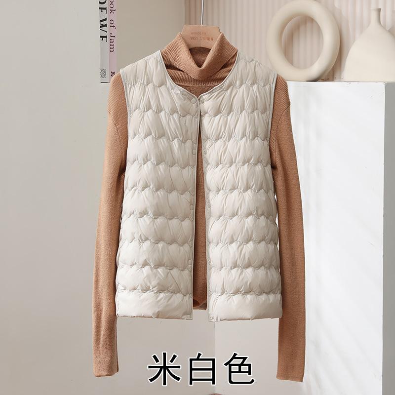 Women's Sleeveless Down Vest Round Neck Lightweight White Duck Down Warm Puffer Gilet Inner Wear Vest