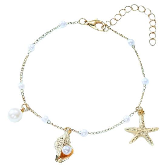 Boho Foot Jewelry Ocean Starfish Conch Charm Anklet, Adjustable Faux Pearl Ankle Beach Chain Bracelet for Women, Hypoallergenic