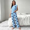 Summer Pijama Women Love Print Pajamas Set Short Sleeve Crew Neck Blue Tops Elastic Waistband Pants Women's Sleepwear Loungewear Pj
