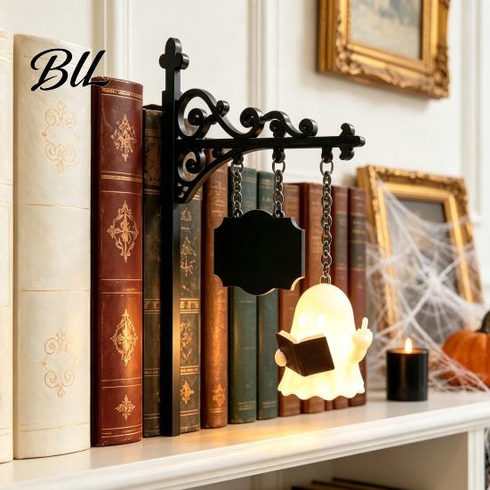 Halloween Party Decoration Library Lantern Bookshelf Lamp, Vintage Metal LED Nightlight for Book Nook Decor, Desktop Decorative Ornament Ghost Reading