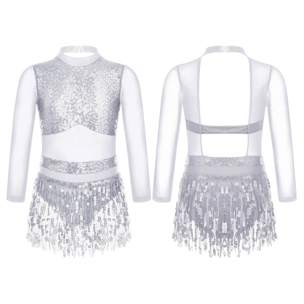 Robe de Danse Filles Paillettes Brillantes Ourlet à Franges Style Patchwork Maillots de Bain Tenues de Danse Vêtements de Scène