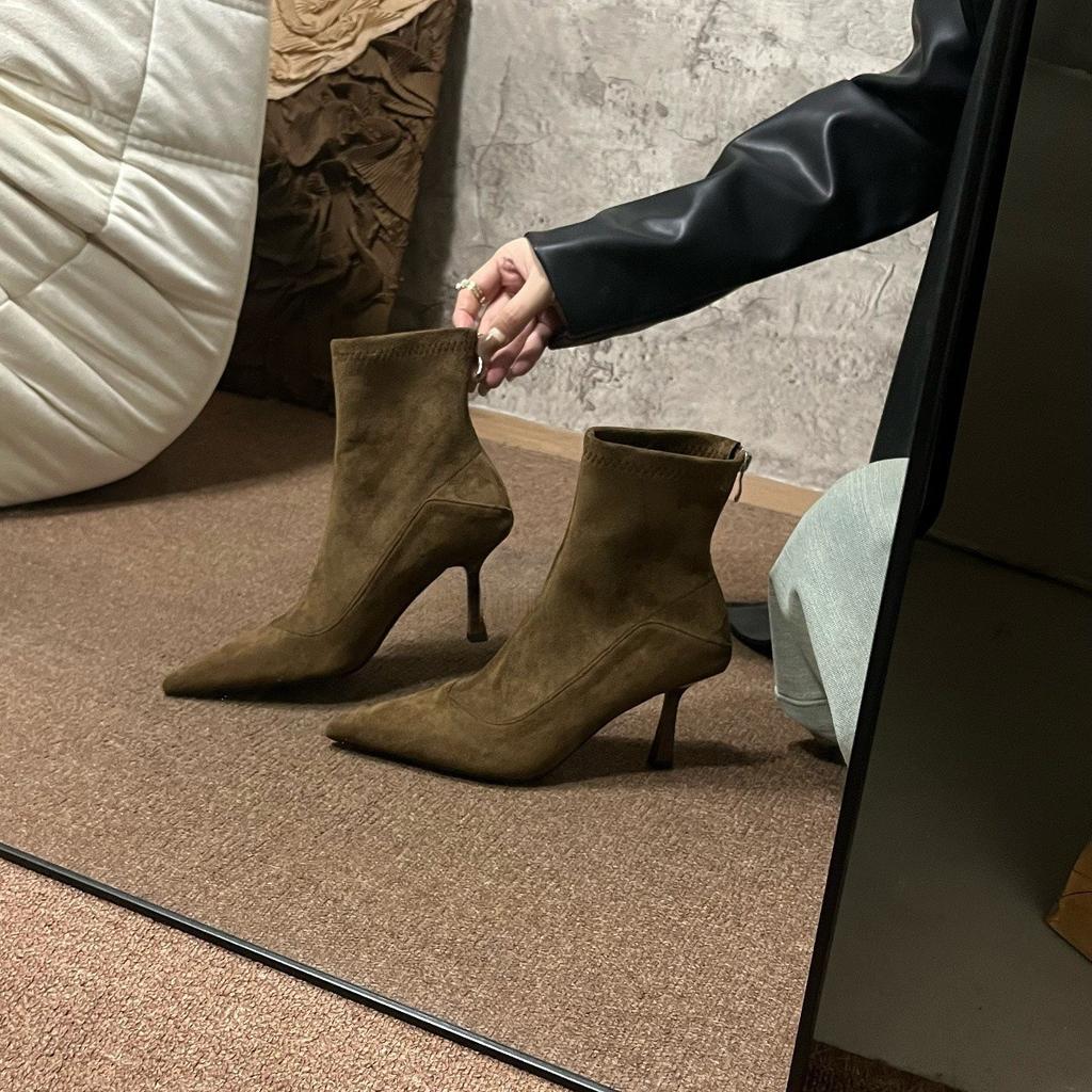 Autumn and winter French temperament pointed thin boots versatile high heel rear zipper suede fashion boots