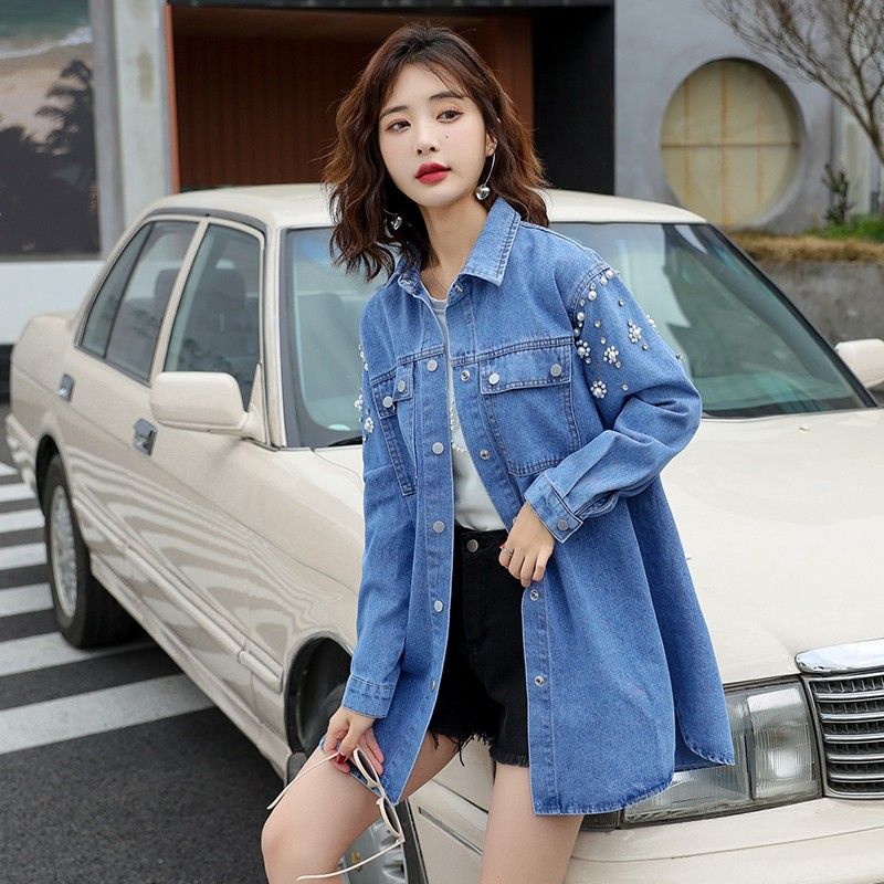 Korean Style Blue Denim Shirt Women Loose Elegant Embroidered Stand Collar Spring Autumn Casual Blouse
