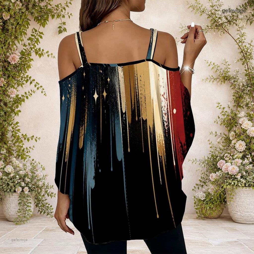 Women Plus Size Cold Shoulder Top American Flag Print V Neck Short Sleeve Casual Blouse