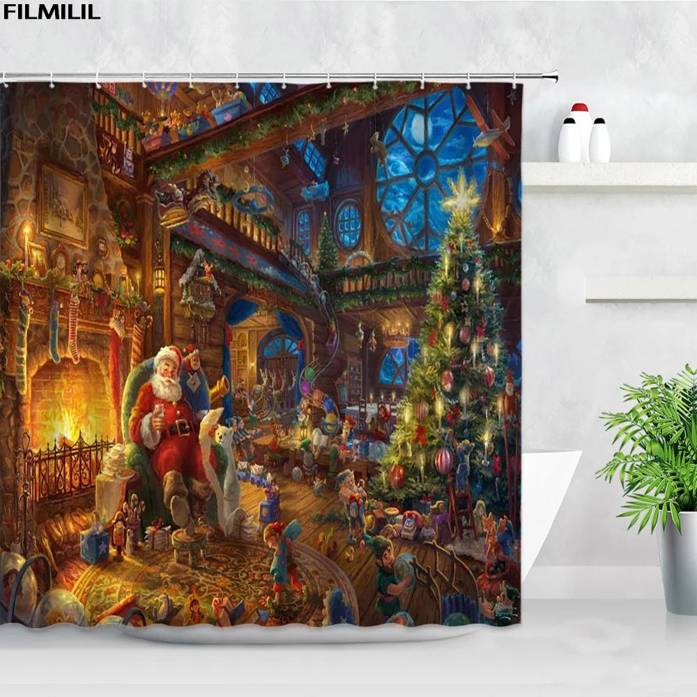 Retro olejomalba Vánoční sprchové závěsy Santa Claus Garland Xmas Tree Vintage krb Novoroční dekorace Sada koupelnových závěsů