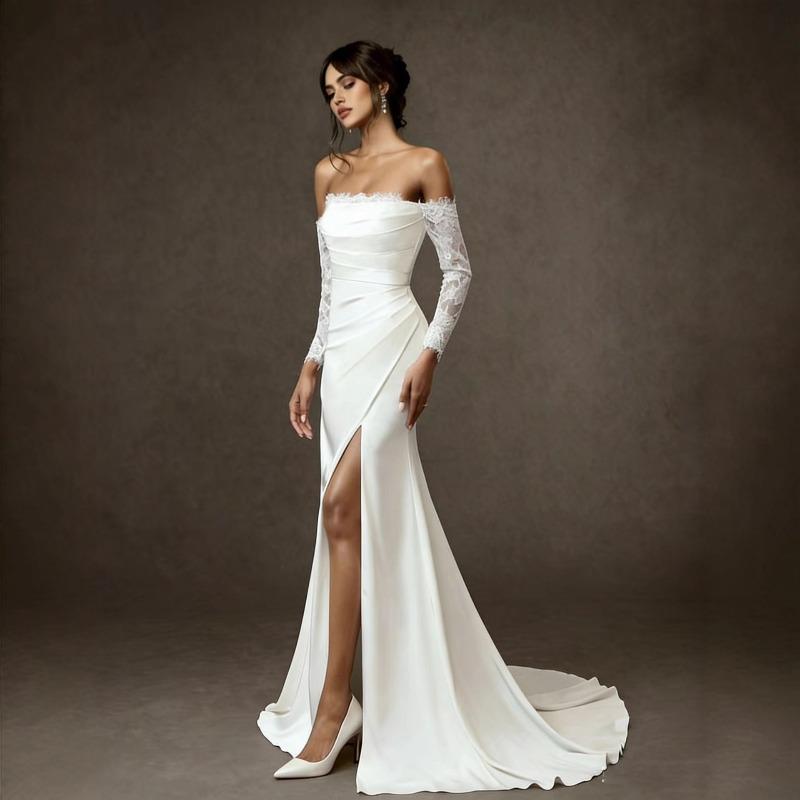 Light Wedding Dress One-word Shoulder New Temperament Lace Going Out Welcome Dress White Satin Engagement Dress
