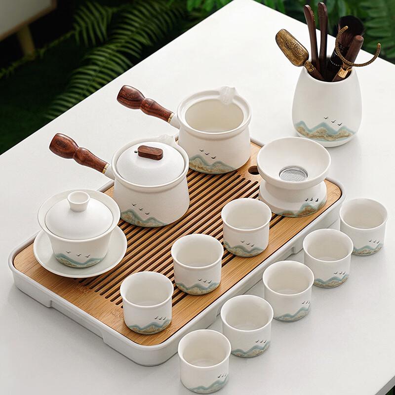 ZhuiJia Coarse Pottery Green Mountain Flying Bird Side-Handle Tea Set 13-Piece Set