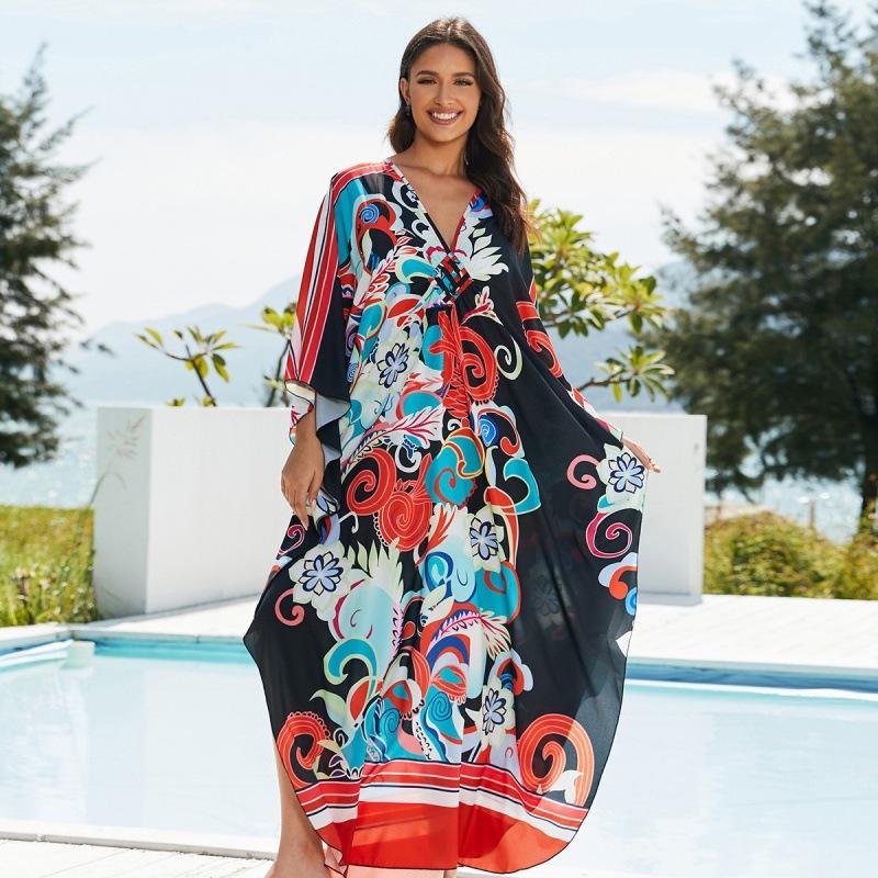Vacation dress, long robe, loose positioned print beach cover-up, bikini dress