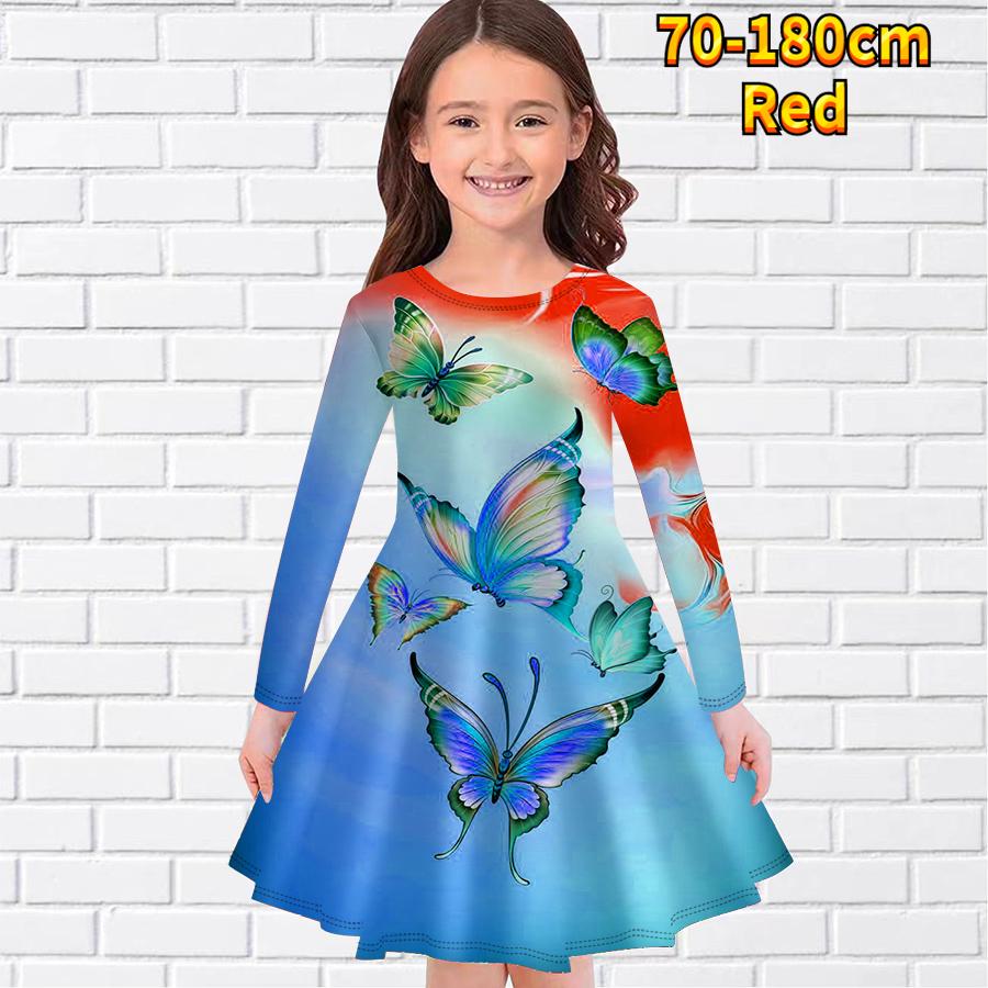 Girl Casual Gradient Butterfly Splicing Print Round Neck Long Sleeve Dress Kid Princess Dress