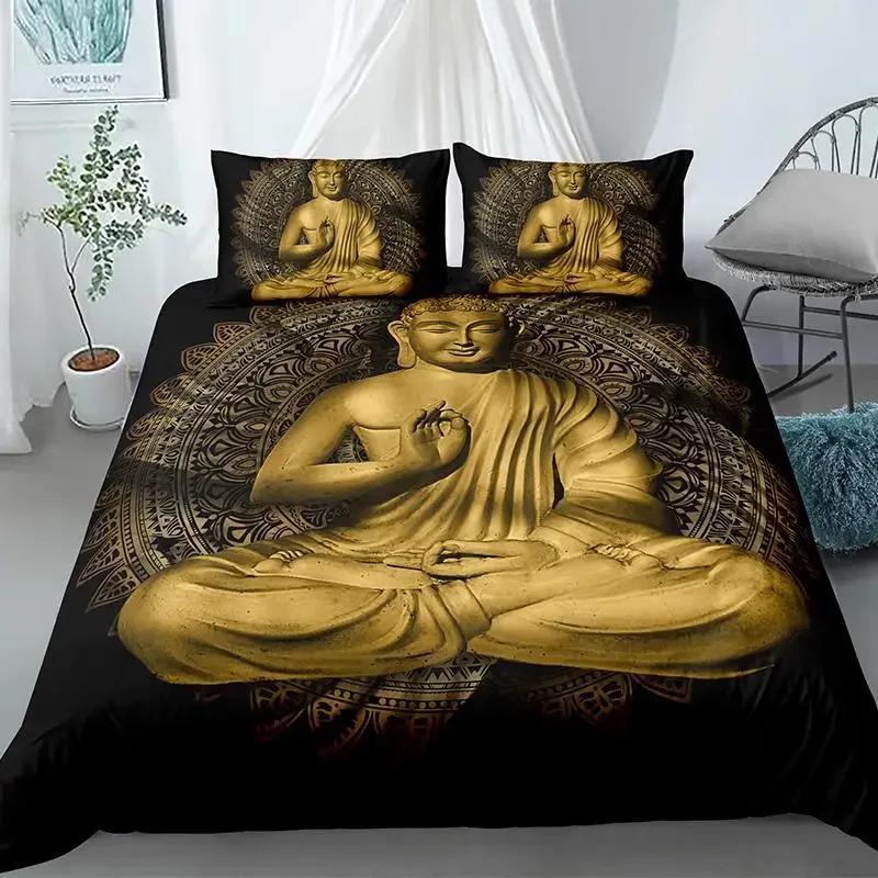 Zestaw poszewek na kołdrę Mandala Budda, zestaw pościeli w stylu boho Złoty czarny nadruk kwiatów lotosu Luksusowa poszewka na kołdrę z mikrofibry poliestrowej