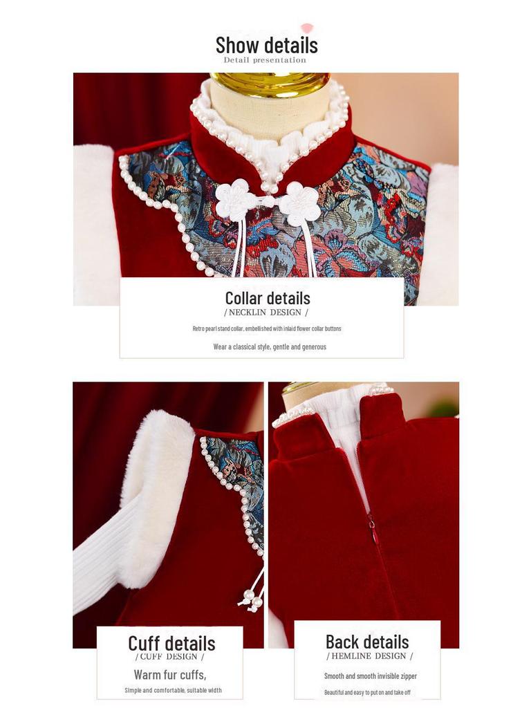 Girls' Winter Plush Cheongsam Dress - Warm Hanfu-inspired Princess Skirt for Small and Medium Children