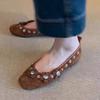 Cowhide Version~ Button Flower Shallow Mouth Single Shoes Women's Summer New One-pedal Loafers Brown Small Leather Shoes