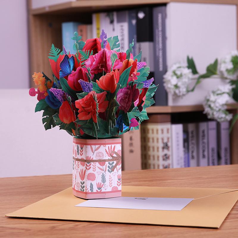 Paper Flower Bouquet Card Forever Flower Bouquet 3D Pop Up Greeting Cards For Valentines Day Graduation Day
