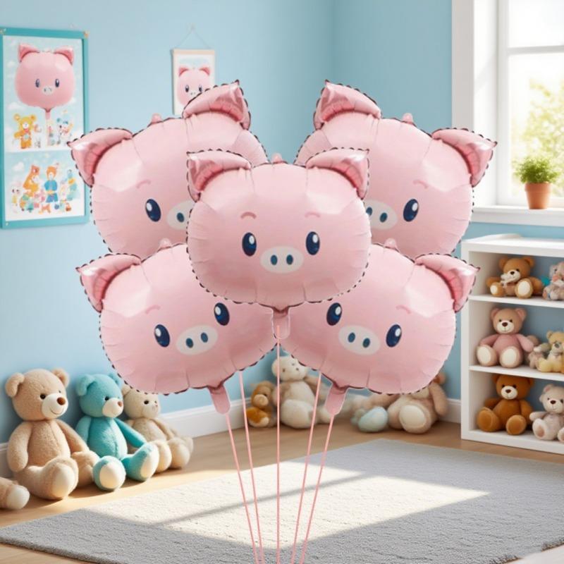 

5 Q-style pig head aluminum film balloons, suitable for birthday party decoration, theme party decoration balloons, durable material