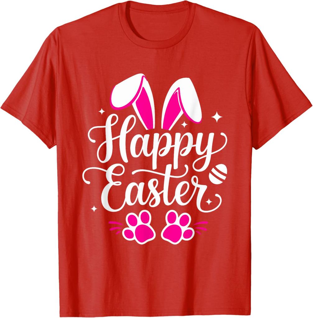 Happy Easter Bunny Paw Print Graphic Tee Casual Short Sleeve T-Shirt Daily Wear