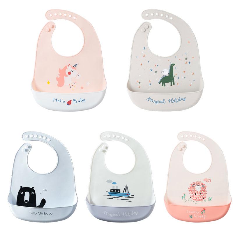 Cute Baby Bibs Waterproof Silicone Bib Feeding Infant Newborn Cartoon Apron ToddlerX Adjustable Bib Burp Cloths with Pocket
