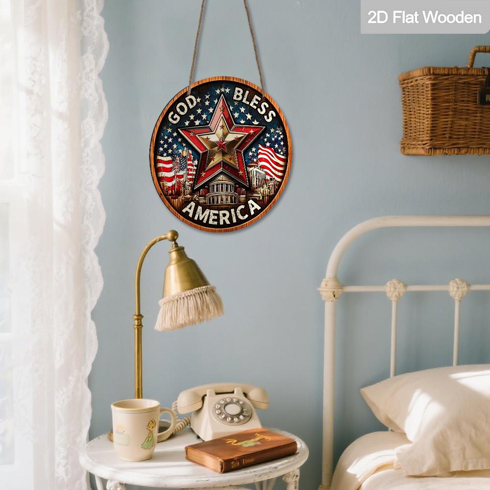 2D Flat God Bless America Patriotic Round Wooden Sign, Vintage Star & US Capitol Plaque with American Flag, 4th of July Hanging Decor for Front