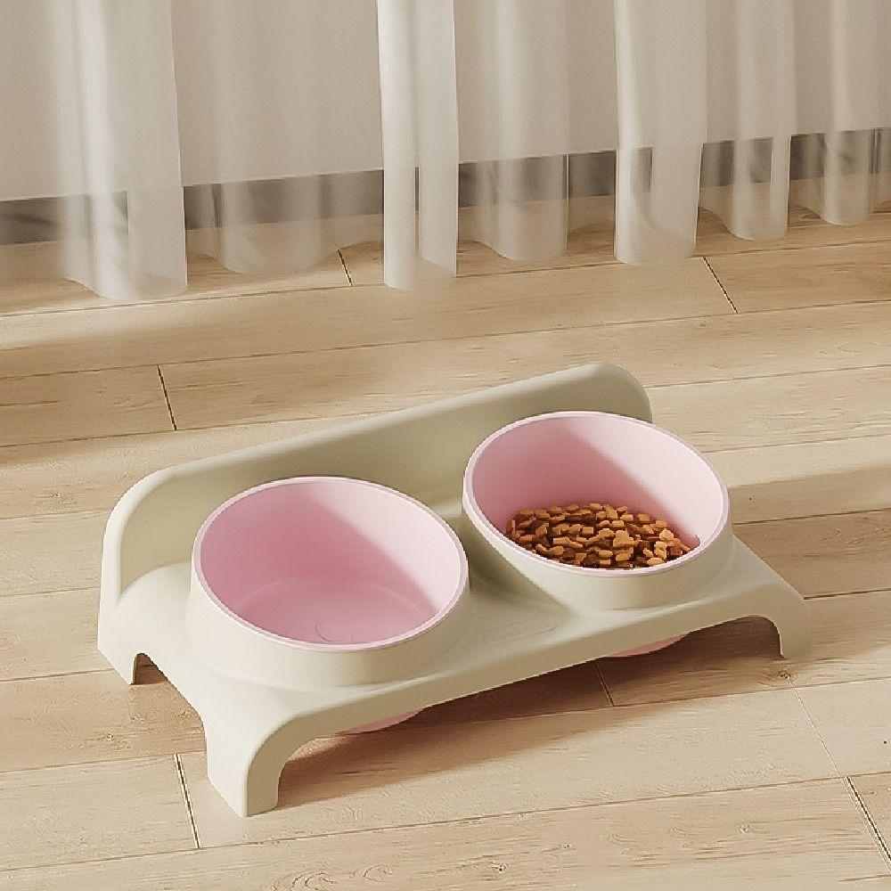 Double Bowls Cat Food Water Bowl Non-Slip Anti-flip Pet Water Feeder Container with Stand 15 ° Slant Cat Dog Dual-use Bowl