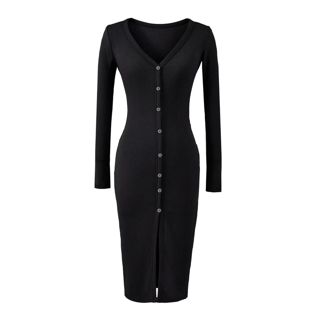 Elegant V-Neck Long Sleeve Dress - Sexy Hip-Hugging Mid-Length Skirt for Women, Perfect for Spring and Autumn.