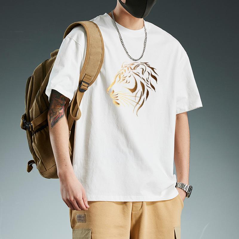 

Men Tiger Print T Shirt Short Sleeve Casual Loose Fit Cotton Tee for Daily Wear S белый