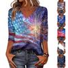 Women's Fashionable Casual Independence Day American Flag and Stars Print V-Neck Three-Quarter Sleeve T-Shirt Top